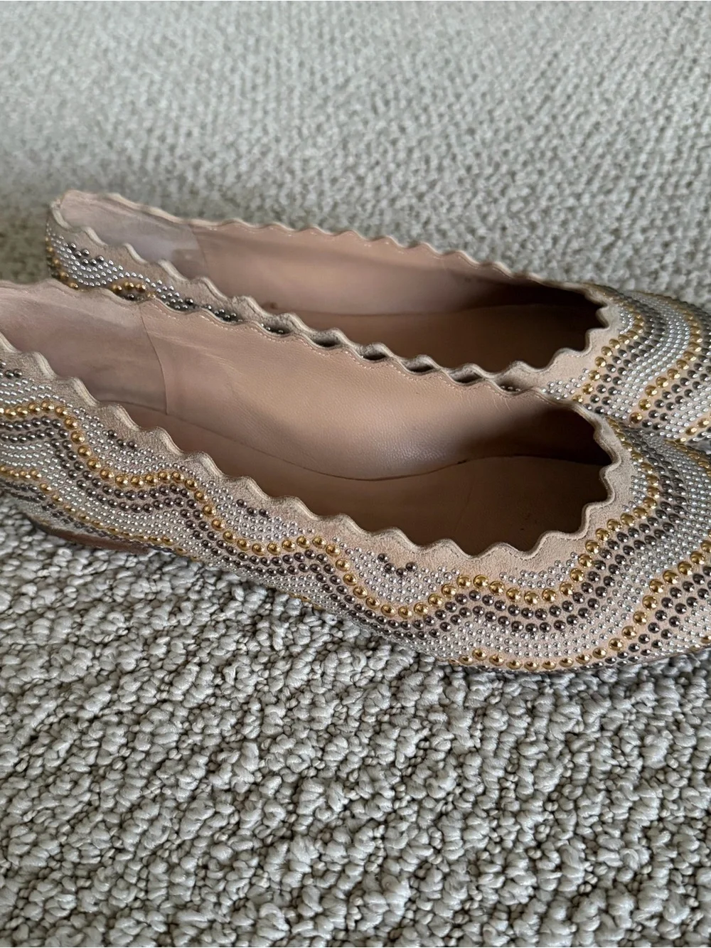 Chloe Beige Suede Studded Scalloped Lauren Ballet Flats